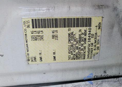 2016 Nissan Maxima 3.5S z USA, uszkodzony, nr VIN 1N4AA6AP5GC384940